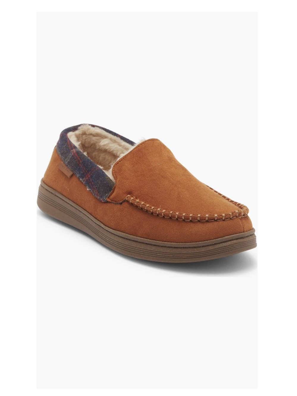 Cole Haan Plaid Trim Faux Fur Lined Microsuede Slippers British Tan Men’s Small